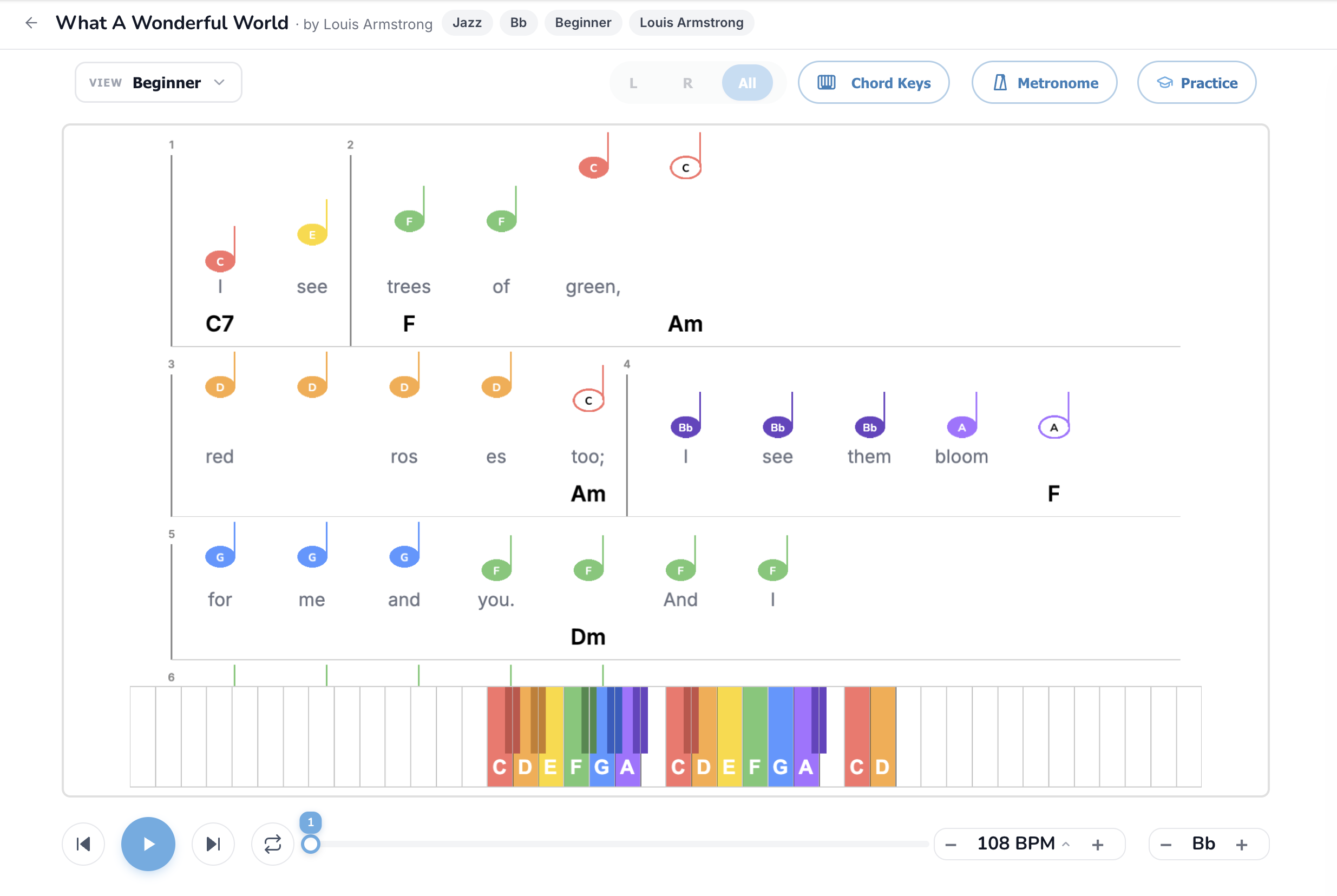 Beginner mode with What A Wonderful World, colored note dots, lyrics, chord labels