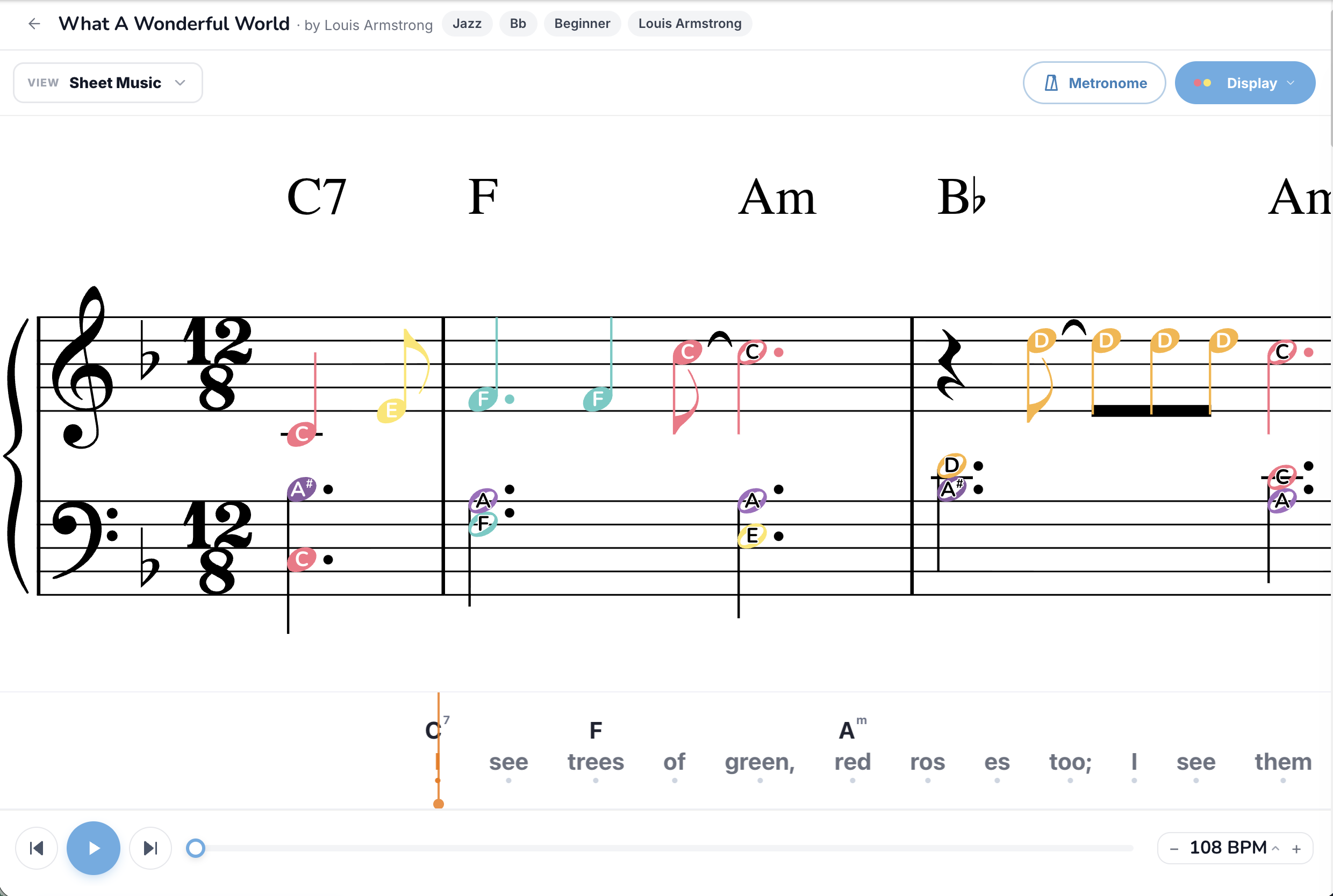 Sheet Music mode, engraved Verovio score with colored note heads and lyrics