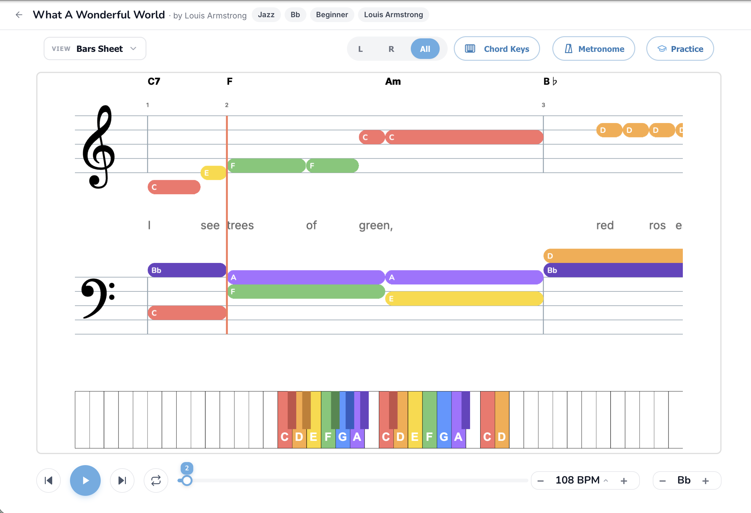 Bars Sheet mode with What A Wonderful World, colored bars on a simplified staff, both hands
