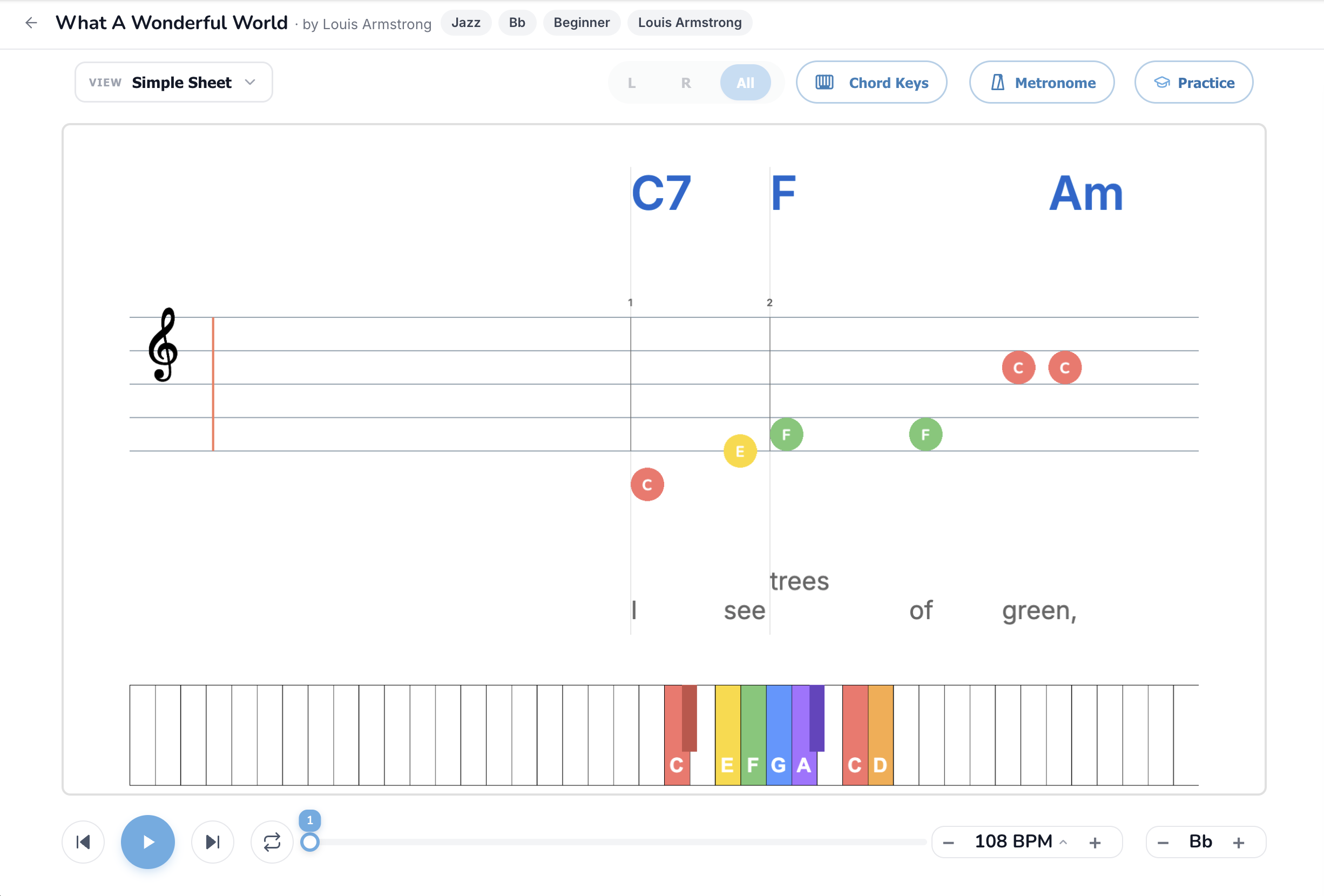 Simple Sheet mode, single-stave right-hand melody with chord labels and lyrics