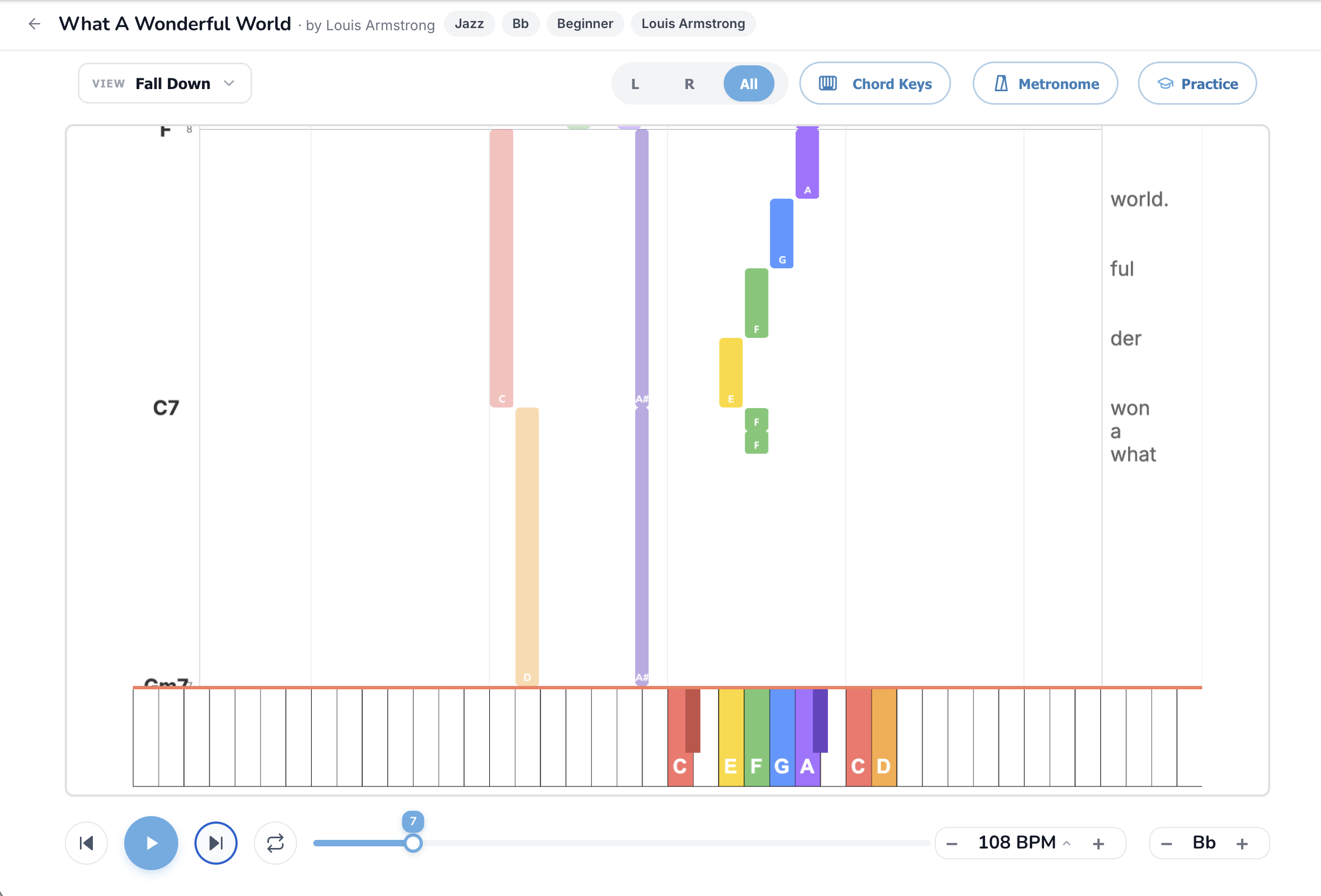 Fall Down mode with What A Wonderful World, colored note bars falling vertically onto the keyboard