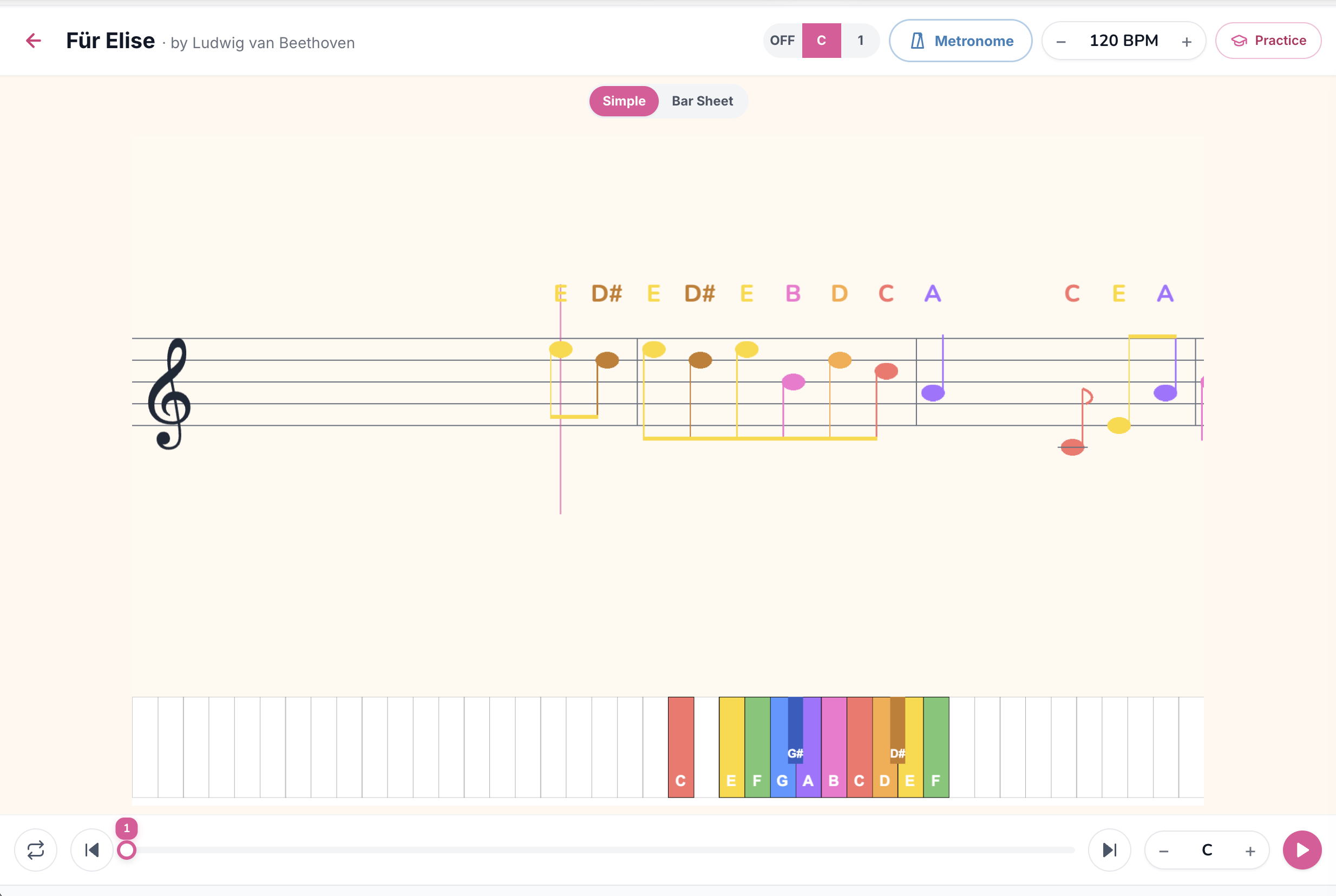 Kid Simple mode (letter labels), simplified staff with note letter names above