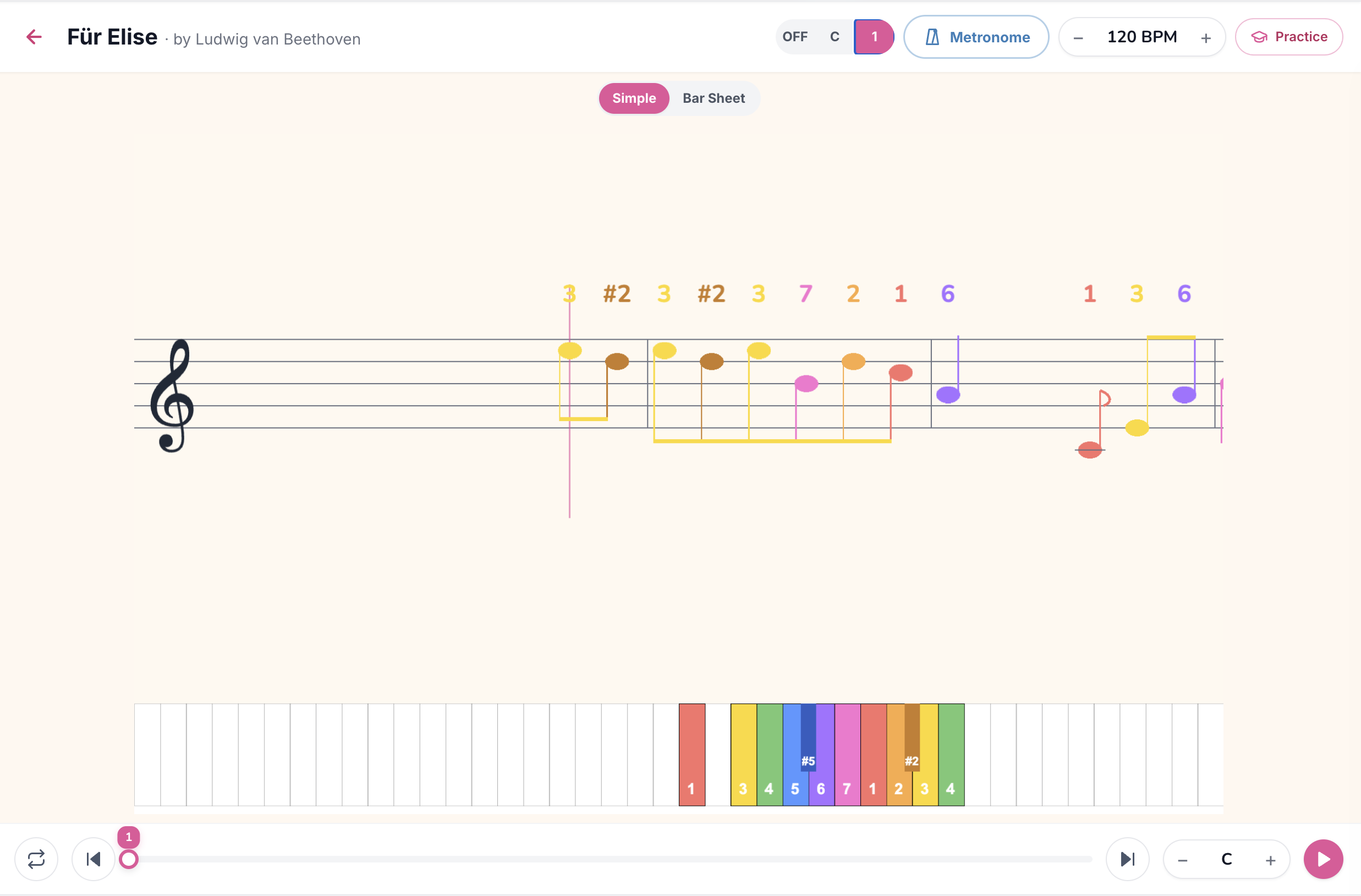 Kid Simple mode (number labels), same staff but labels show 1-7 scale degrees