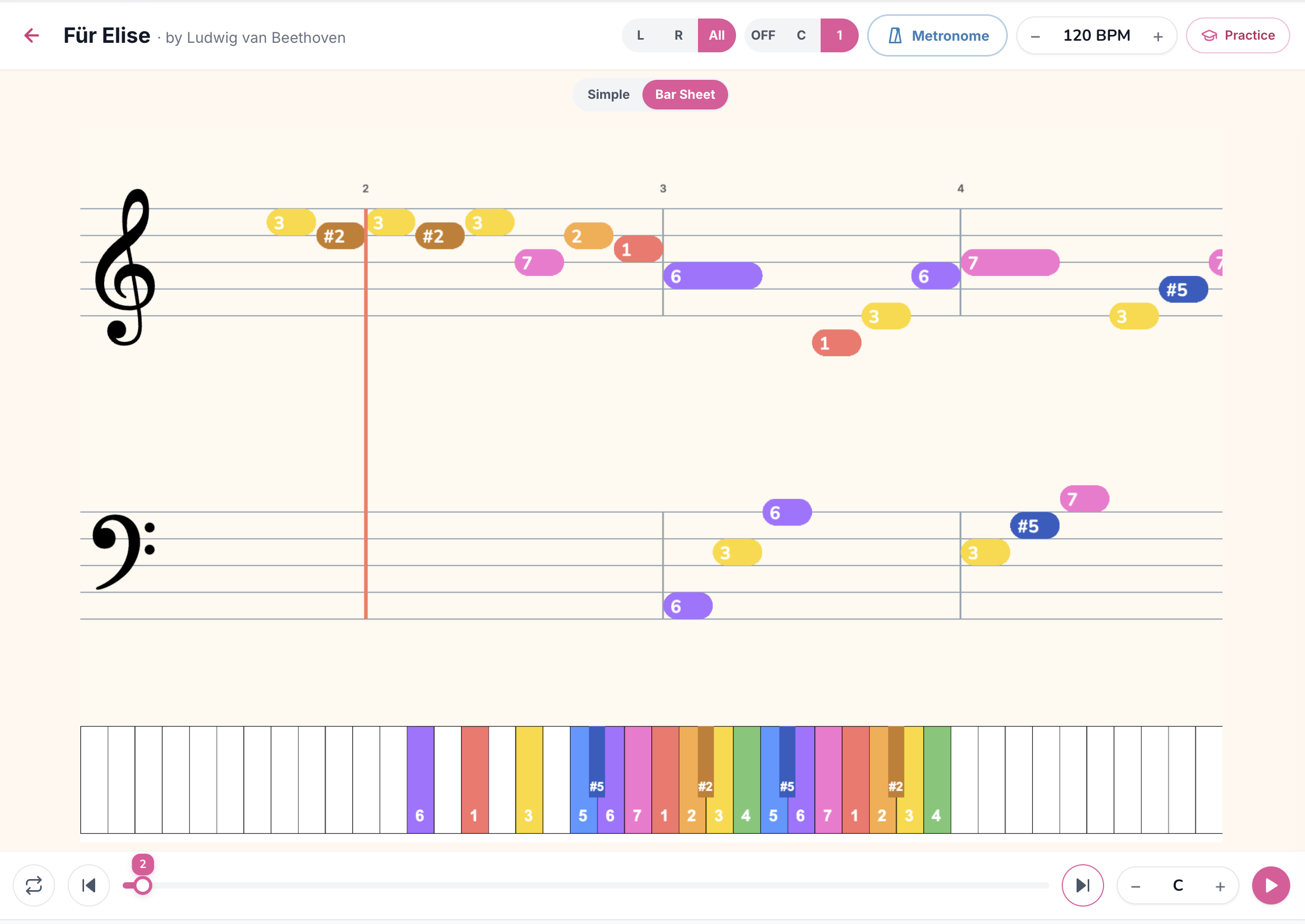 Kid Bar mode (number labels), colored bars with scale-degree numbers inside