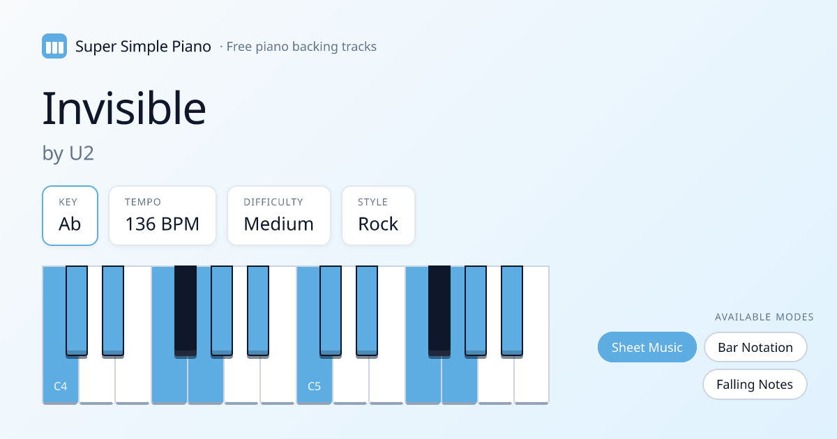 Invisible by U2 Piano Backing Track — Free for Singers
