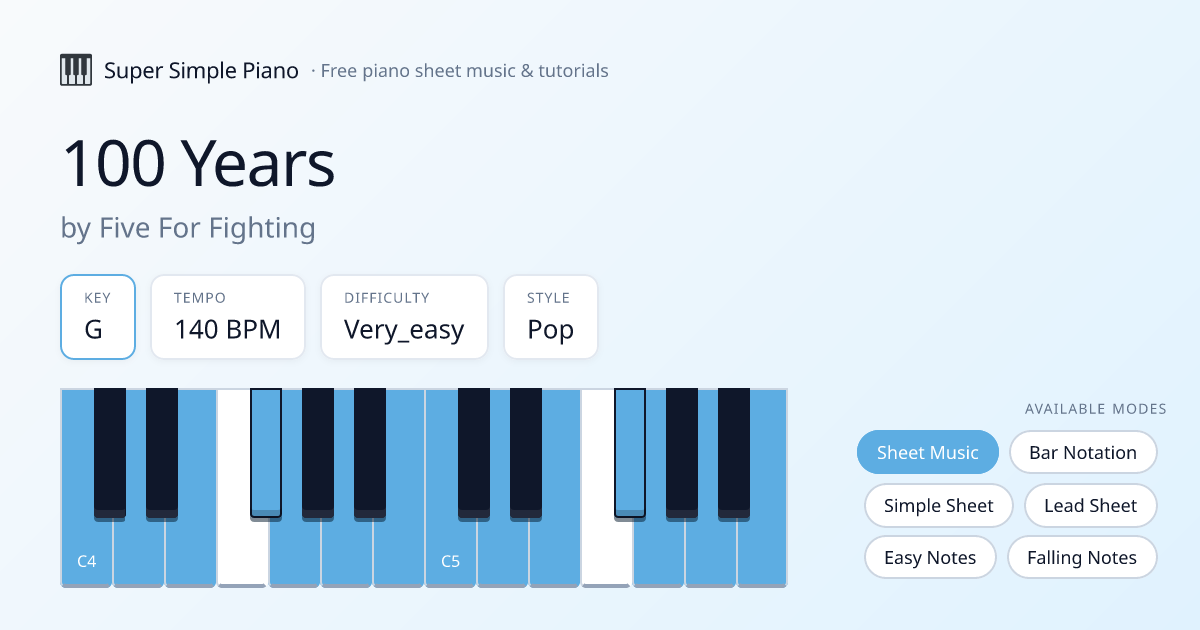 100 Years by Five For Fighting Sheet Music in G — Free Piano PDF ...