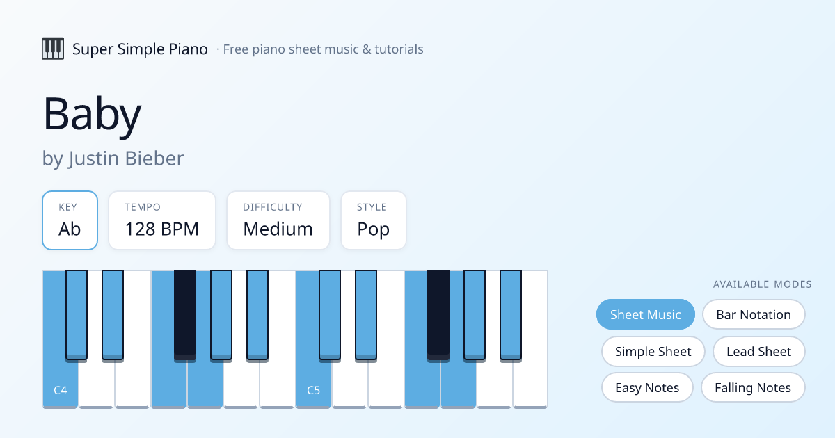 Baby by Justin Bieber Piano Chords & Lyrics — Lead Sheet in Ab