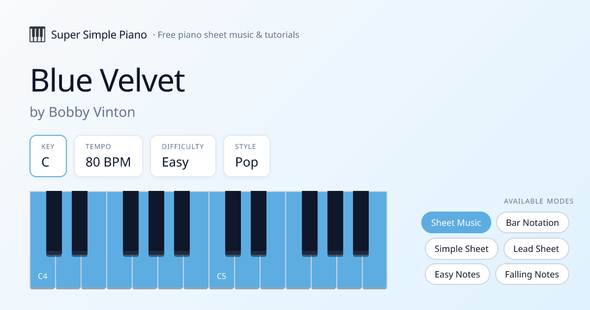 Blue Velvet by Bobby Vinton Sheet Music in C — Free Piano PDF | Super ...