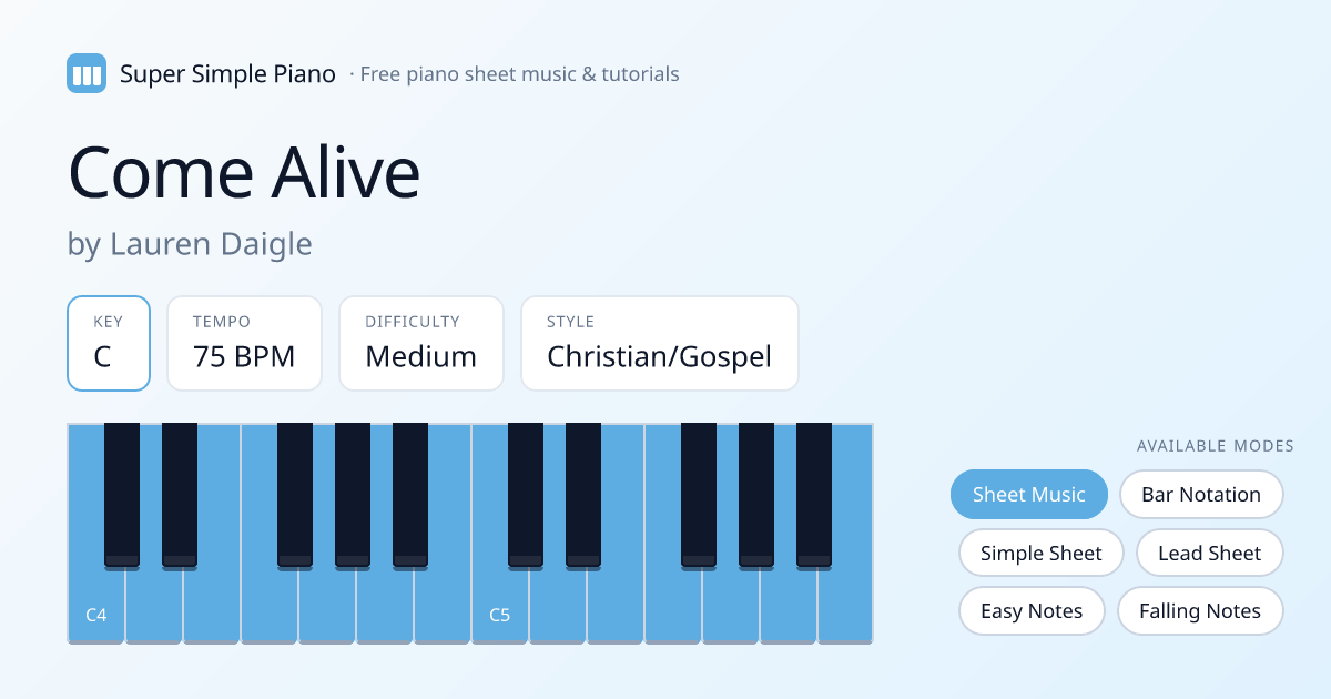 How to Play Come Alive by Lauren Daigle on Piano Easy — Notes for Beginners