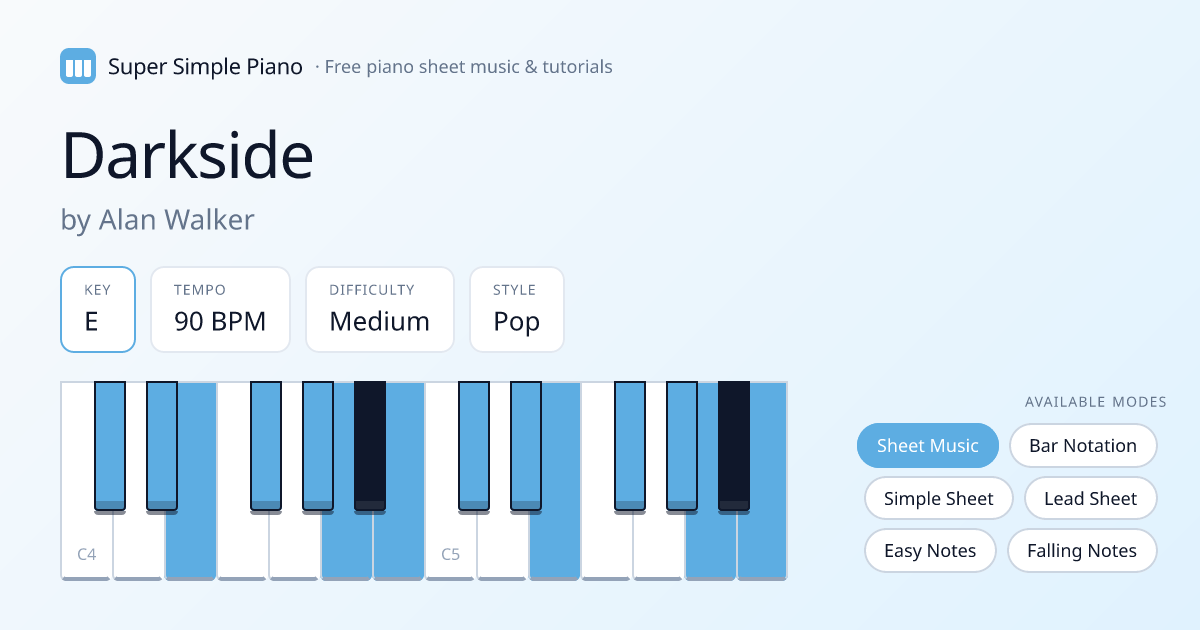 Darkside by Alan Walker Sheet Music in E — Free Piano PDF | Super ...