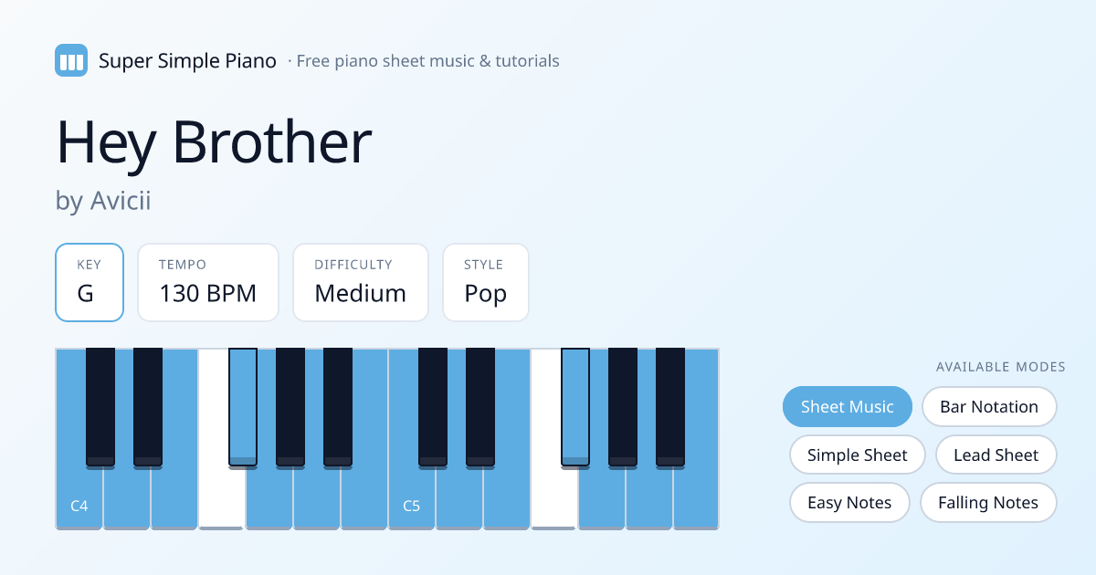 Hey Brother by Avicii Piano Chords & Lyrics — Lead Sheet in C
