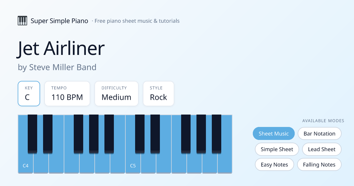 Jet Airliner by Steve Miller Band Piano Chords & Lyrics — Lead Sheet in C