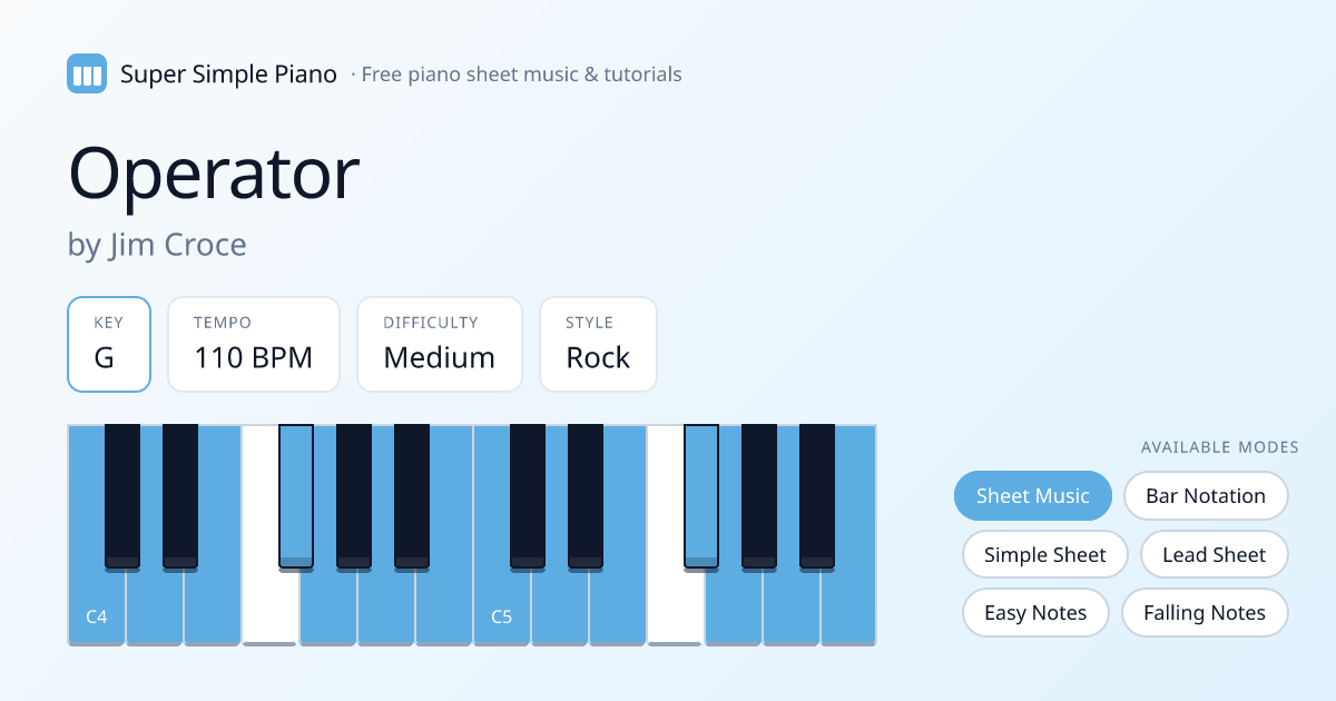 How to Play Operator by Jim Croce on Piano Easy — Notes for Beginners