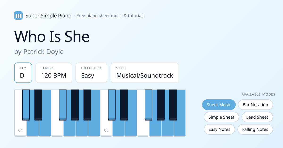 Who Is She by Patrick Doyle Piano Sheet Music — Visual Bar Notation